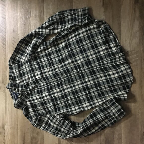 Chaps Ralph Lauren Black and White Plaid Flannel Cotton Button Down Shirt - Picture 9 of 15